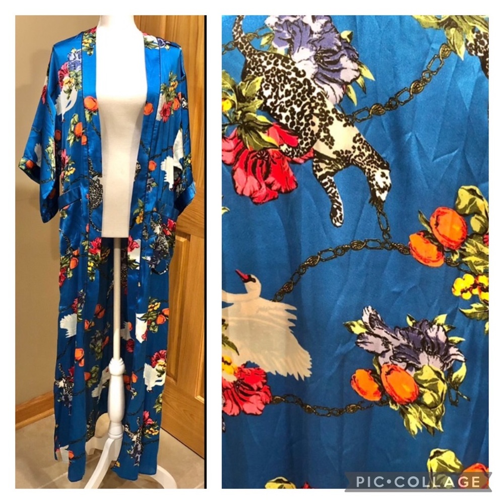NEW river island XS silky floral maxi open front kimono duster swim coverup